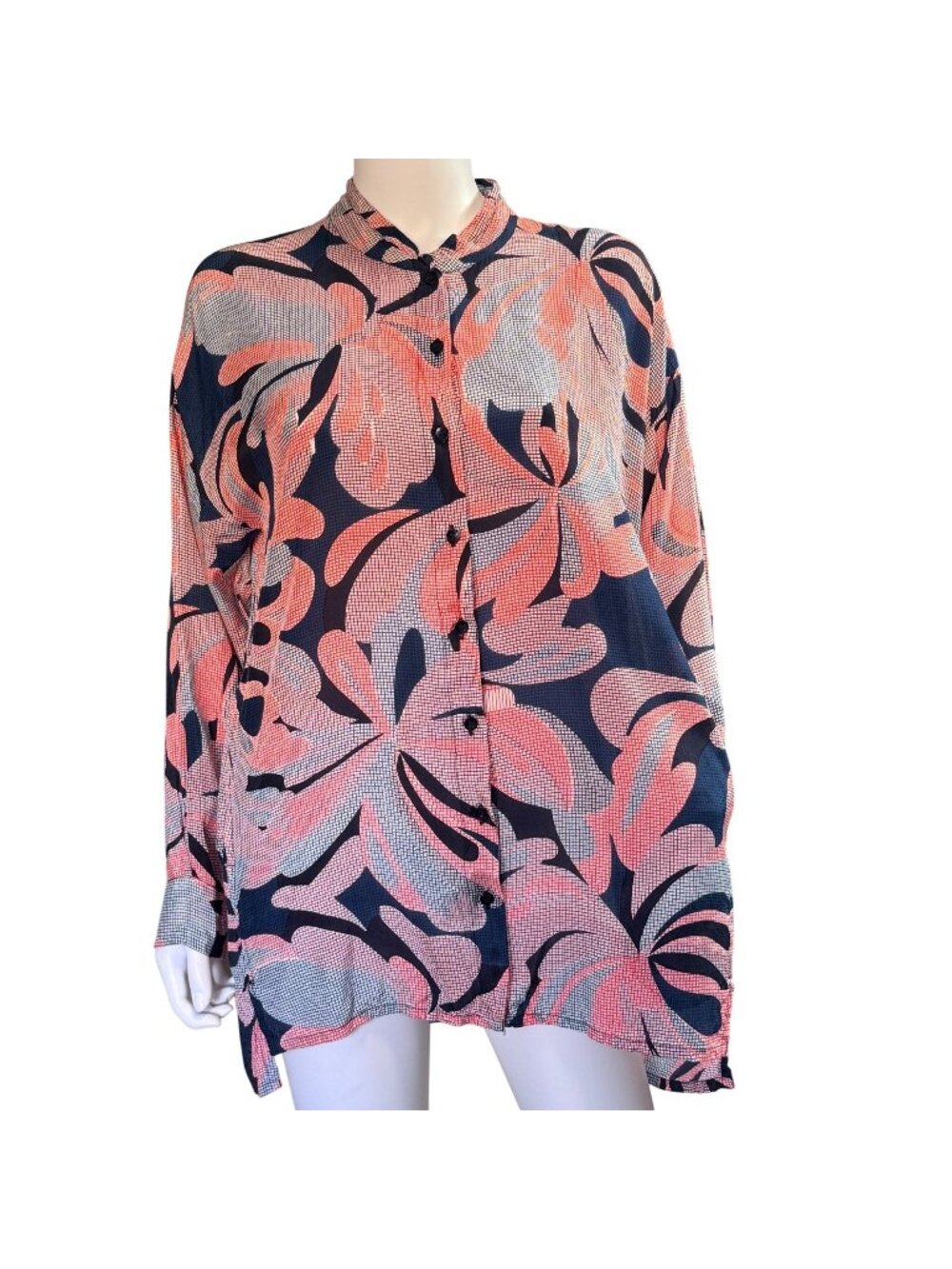 Masai Floral Pattern Button Front Womens Shirt Small Lightweight Navy & Coral